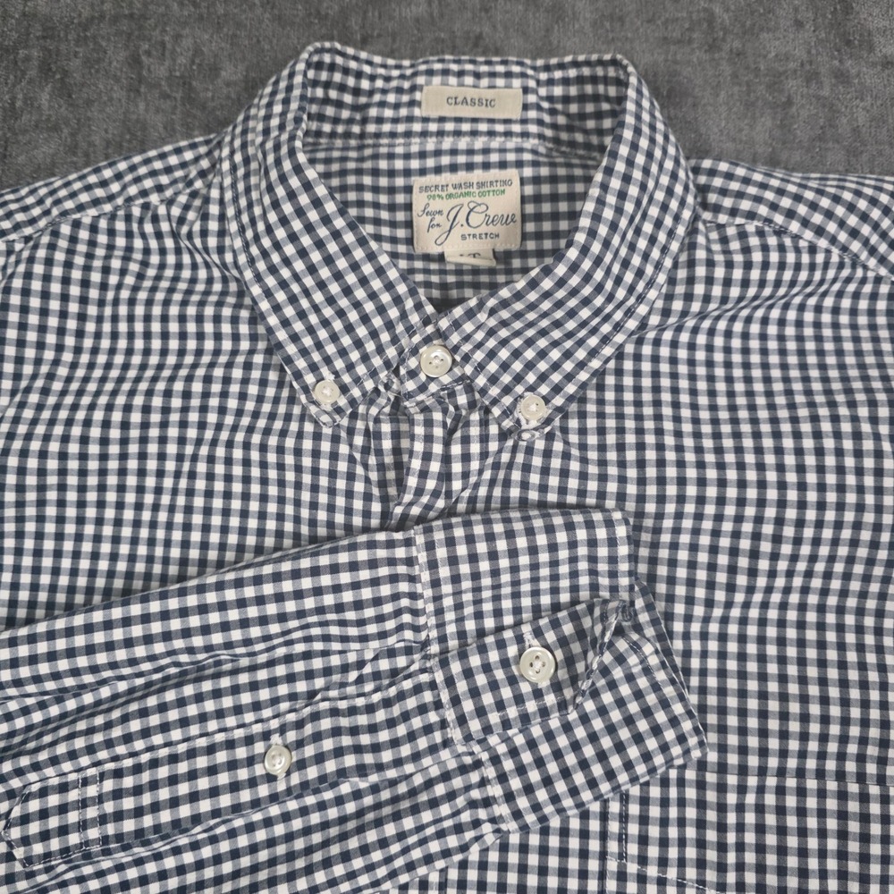 J.Crew Secret Wash Shirt Mens LT Large Tall Blue Gingham Organic Cotton Stretch